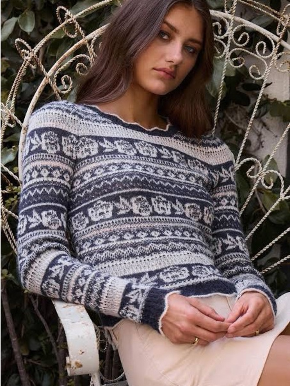 saltwater LUXE Navy and Cream Fair Isle Crewneck Sweater